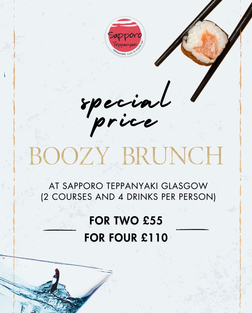 Boozy Brunch 2 for £55 / 4 for £110 Sapporo Teppanyaki Glasgow